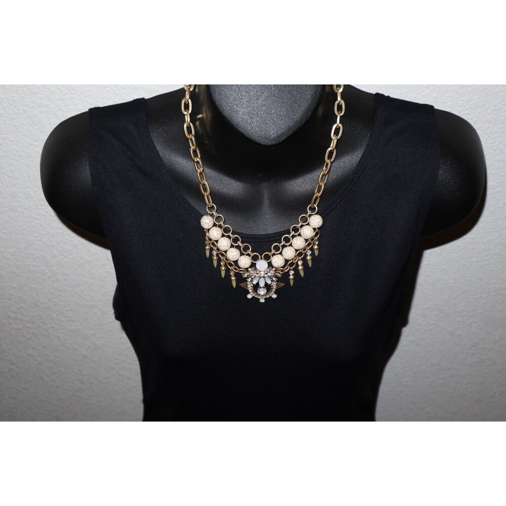 Gold Tone Chain Link Bead Necklace White Marbled Faux Howlite Rhinestone AB 17"+ - Picture 2 of 10
